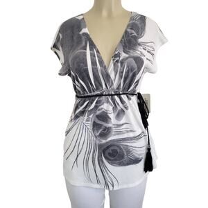 Forever 21 Womens Medium Black White Peacock Feather Rose Floral Knit Blouse